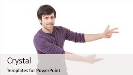  Presentation with friendly - Amazing slide set having introduceproduct - friendly young man pointing backdrop and a  colored foreground