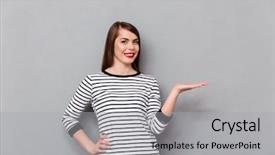  Presentation with international space station over - Audience pleasing slides consisting of introduceproduct - portrait of a smiling woman backdrop and a  colored foreground