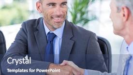  Presentation with colleague farewell goodby - PPT theme featuring introducing person - businessman handshaking colleague background and a  colored foreground