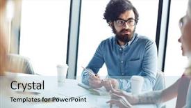  Presentation with staff meeting - Beautiful PPT theme featuring introspection - serious concentrated pensive handsome young backdrop and a  colored foreground