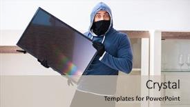  Presentation with house - Cool new presentation design with intruder - man burglar stealing tv set backdrop and a soft green colored foreground