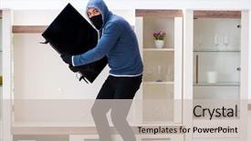  Presentation with house - Slide deck with intruder - man burglar stealing tv set background and a soft green colored foreground