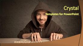  Presentation with computer hacker - Presentation design having intruder - young hacker with glasses dressed background and a tawny brown colored foreground