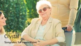  Presentation with elderly care - Colorful presentation theme enhanced with invalid elderly - senior woman in wheelchair backdrop and a lemonade colored foreground