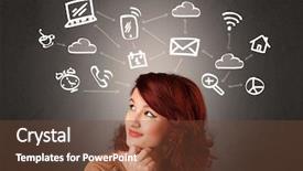  Presentation with invention - Presentation theme consisting of invention clock - pretty girl with drawn media background and a tawny brown colored foreground