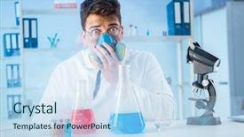  Presentation with laboratory scientific materials - Presentation design featuring inventors - funny mad chemist working background and a sky blue colored foreground