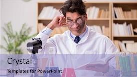  Presentation with laboratory - Audience pleasing PPT theme consisting of alchemist - scientist doctor doing experiments backdrop and a light blue colored foreground