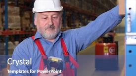  Presentation with scanner - Cool new presentation design with inventory control - older a worker with scanner backdrop and a teal colored foreground