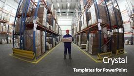  Presentation with inventory - Beautiful presentation theme featuring inventory control - worker in blue uniform backdrop and a tawny brown colored foreground