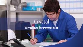  Presentation with stock control - Presentation design featuring inventory control - young apprentice checking stock background and a ocean colored foreground