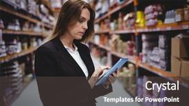  Presentation with inventory - Presentation design consisting of inventory management - businesswoman using tablet in warehouse background and a dark gray colored foreground