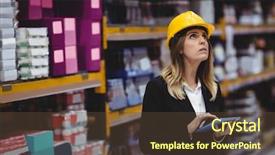  Presentation with warehouse - Audience pleasing PPT layouts consisting of inventory management - businesswoman using tablet in warehouse backdrop and a tawny brown colored foreground