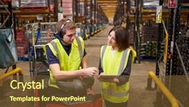  Presentation with warehouse - Audience pleasing slide deck consisting of inventory management - female warehouse manager instructing man backdrop and a tawny brown colored foreground