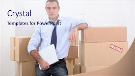  Presentation with boxes - Slides with inventory management - man stood by stacked boxes background and a sky blue colored foreground