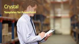  Presentation with warehouse - PPT theme having inventory management - manager in warehouse with clipboard background and a tawny brown colored foreground