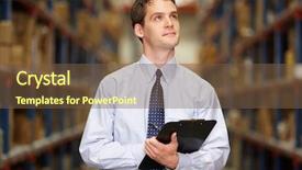  Presentation with cold storage warehouse - Slide deck with inventory management - manager in warehouse with clipboard background and a tawny brown colored foreground