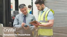  Presentation with scanning - Audience pleasing theme consisting of inventory management - portrait of manual workers scanning backdrop and a coral colored foreground
