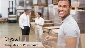  Presentation with using digital tablet - Colorful PPT layouts enhanced with inventory management - smiling manager using digital tablet backdrop and a coral colored foreground