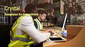  Presentation with logistics warehouse - Slide deck having inventory management - staff managing warehouse logistics background and a tawny brown colored foreground