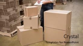  Presentation with inventory - Audience pleasing presentation theme consisting of inventory management - warehouse worker checking his list backdrop and a coral colored foreground