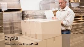  Presentation with bullet list - Beautiful presentation theme featuring inventory management - warehouse worker checking his list backdrop and a coral colored foreground