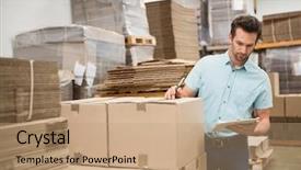  Presentation with warehouse - Colorful PPT layouts enhanced with inventory management - warehouse worker checking his list backdrop and a coral colored foreground
