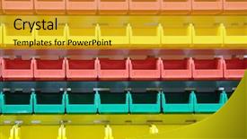  Presentation with components - PPT theme featuring inventory system - rows of plastic boxes background and a gold colored foreground