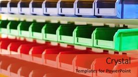  Presentation with components - Beautiful slide deck featuring inventory system - rows of plastic boxes backdrop and a red colored foreground