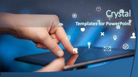  Presentation with multimedia - Slide set enhanced with invest calendar - hand holding tablet with multimedia background and a ocean colored foreground