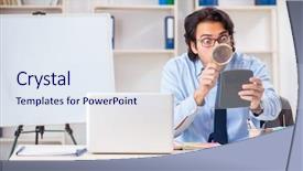  Presentation with reduce budget - Audience pleasing PPT theme consisting of investigating finance - young handsome businessman in budget backdrop and a sky blue colored foreground