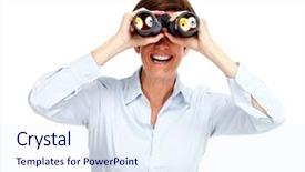  Presentation with red white blue business - Audience pleasing slide set consisting of business woman with binoculars isolated backdrop and a sky blue colored foreground