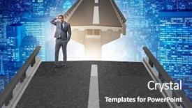  Presentation with uncertainty - Cool new slide set with investing edge - young businessman in uncertainty concept backdrop and a  colored foreground