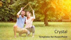  Presentation with building insurance - Colorful slide set enhanced with investment - couple with insurance and building backdrop and a yellow colored foreground