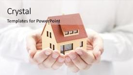  Presentation with hand cute dolls and toy - Beautiful PPT theme featuring investment - small toy house in hands backdrop and a lemonade colored foreground