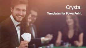  Presentation with gold man smile - Beautiful PPT theme featuring investment club - smiling business man showing four backdrop and a coral colored foreground