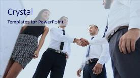  Presentation with handshake - Slide set with investment decision - handshake business colleagues after discussing background and a sky blue colored foreground