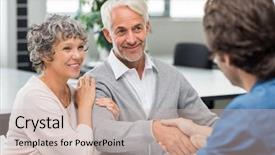  Presentation with happy retirement - Audience pleasing presentation consisting of investment plan - happy senior couple shaking hands backdrop and a soft green colored foreground