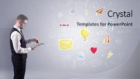  Presentation with young - PPT theme enhanced with invest calendar - young manager presenting new plan background and a light gray colored foreground