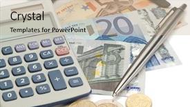  Presentation with cash - Colorful PPT theme enhanced with investment property - coins and cash with pen backdrop and a soft green colored foreground