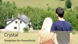  Presentation with house - Cool new PPT layouts with investment property - young couple dreaming a house backdrop and a blonde colored foreground