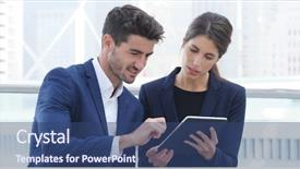  Presentation with african american in computer business - Slide deck having investment proposal - business people look at tablet background and a ocean colored foreground