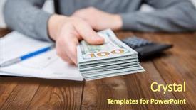  Presentation with investment money - Slide set enhanced with investment proposal - hands of person proposing money background and a tawny brown colored foreground