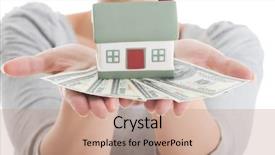  Presentation with white house - Slide set enhanced with investment real estate - young casual woman with money background and a coral colored foreground