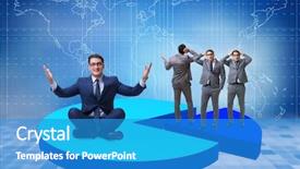  Presentation with 3d man sitting question mark - PPT theme with investment zen - man meditating sitting on pie background and a teal colored foreground