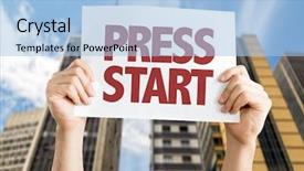  Presentation with urban neighborhoods - Presentation featuring investors decisions - press start card with urban background and a light blue colored foreground