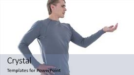  Presentation with trophy award hand holding - Audience pleasing PPT theme consisting of invisibile hands - businessman with hand on hip backdrop and a  colored foreground