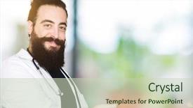  Presentation with medical smiling doctor - Audience pleasing PPT theme consisting of invitation - doctor with long hair wearing backdrop and a soft green colored foreground