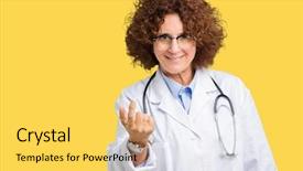  Presentation with over come challange - Beautiful presentation theme featuring invitation - middle ager senior doctor woman backdrop and a yellow colored foreground