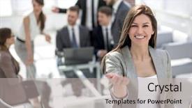  Presentation with invitation - Slide set enhanced with invitation - smiling business woman inviting you background and a light gray colored foreground