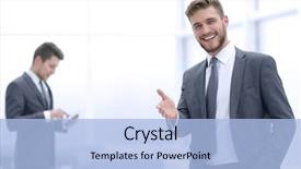  Presentation with invitation - Slide set having invitation - smiling businessman in the background background and a light blue colored foreground